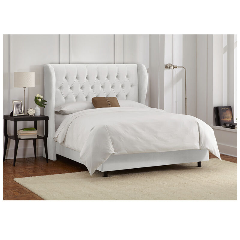 Skyline Furniture Tufted Wingback Velvet Fabric Upholstered Queen Size Bed - White, White, hires
