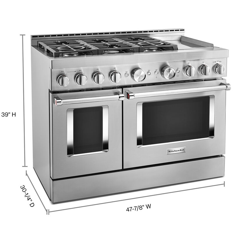 KitchenAid 48 in. 6.3 cu. ft. Smart Convection Double Oven Freestanding Gas Range with 6 Sealed Burners & Griddle - Stainless Steel, , hires