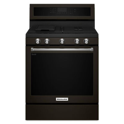 KitchenAid 30 in. 5.8 cu. ft. Convection Oven Freestanding Gas Range with 5 Sealed Burners & Griddle - PrintProof Black Stainless Steel | KFGG500EBS