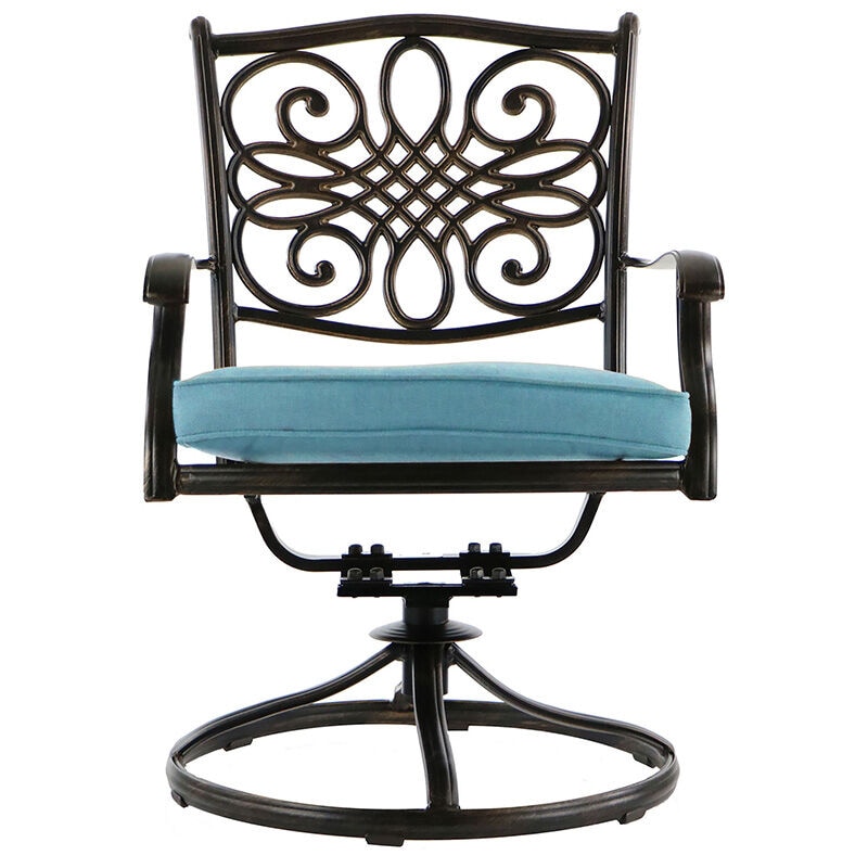 Hanover Traditions 7-Piece Dining Set in Blue with a 60 In. Round Cast-top Table and Six Swivel Rockers, , hires