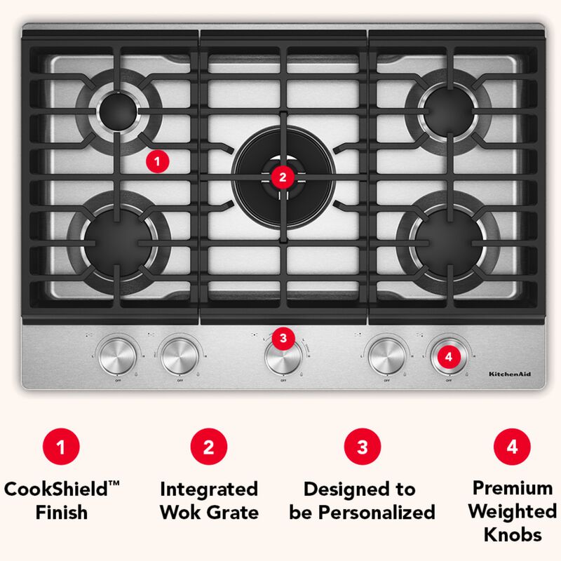 KitchenAid 30 in. 5-Burner Natural Gas Cooktop with Simmer Burner & Power Burner - Stainless Steel, , hires