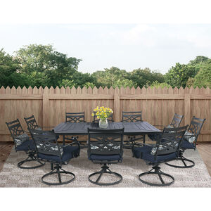 Hanover Montclair 11-Piece Dining Set in Navy Blue with 10 Swivel Rockers and a 60-In. x 84-In. Table - Navy/Brown, , hires