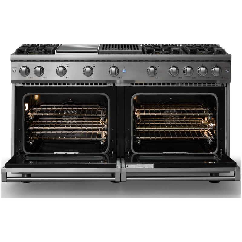 Viking 5 Series 60 in. 8.0 cu. ft. Standard Convection Double Oven Gas Range with 6 Sealed Burners, Grill & Griddle - Stainless Steel - Liquid Propane Gas, Polished Chrome Trim Option, , hires