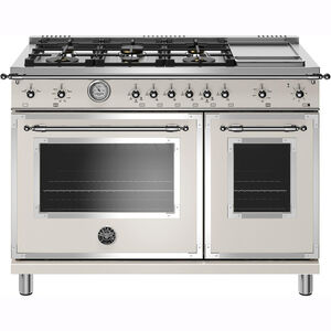 Bertazzoni Heritage Series 48 in. 4.7 cu. ft. Convection Double Oven Freestanding LP Gas Range with 6 Brass Burners & Griddle - Ivory, , hires