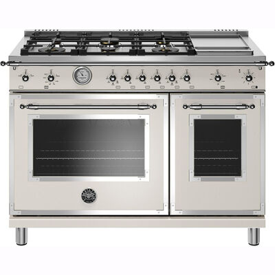 Bertazzoni Heritage Series 48 in. 4.7 cu. ft. Convection Double Oven Freestanding LP Gas Range with 6 Brass Burners & Griddle - Ivory | HERT486GASAL