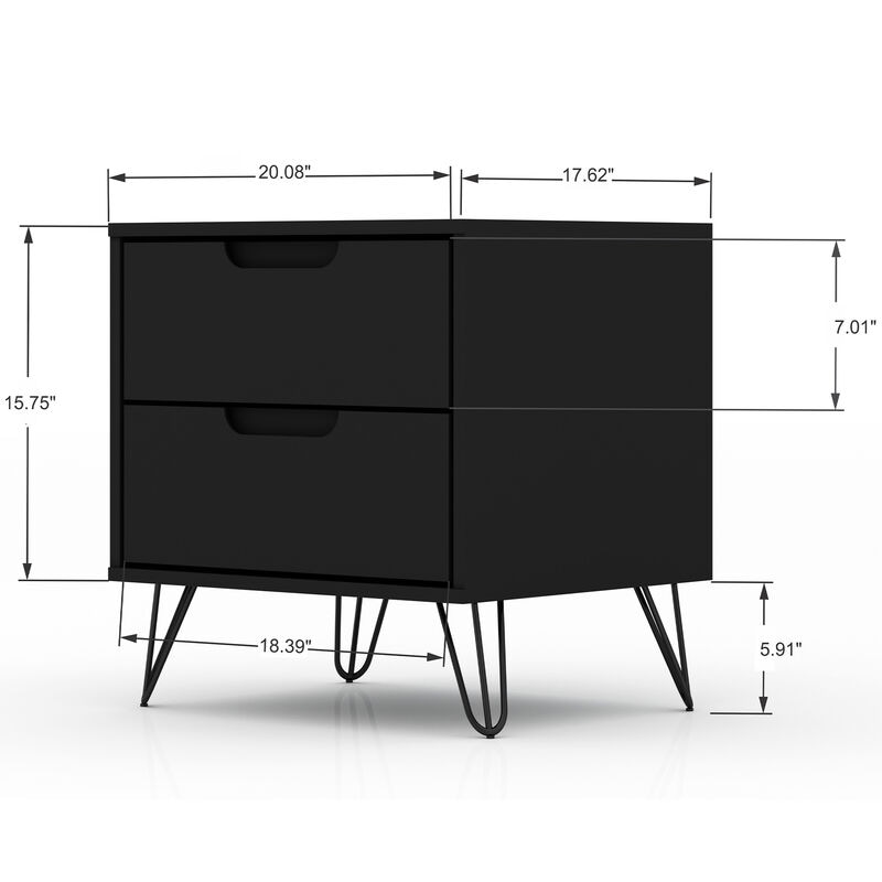 Manhattan Comfort Rockefeller Mid-Century Modern 2-Drawer Nightstand Black, Black, hires