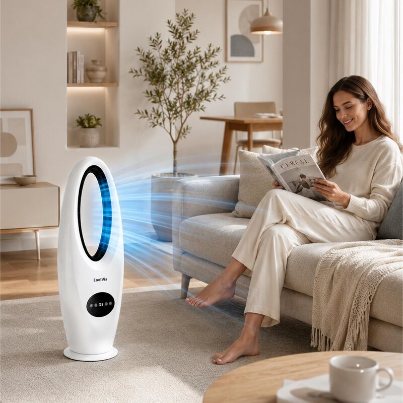 CoolVia 28 in. Oscillating Bladeless Tower Fan with 3 Speed Setting & Remote Control - White, , hires