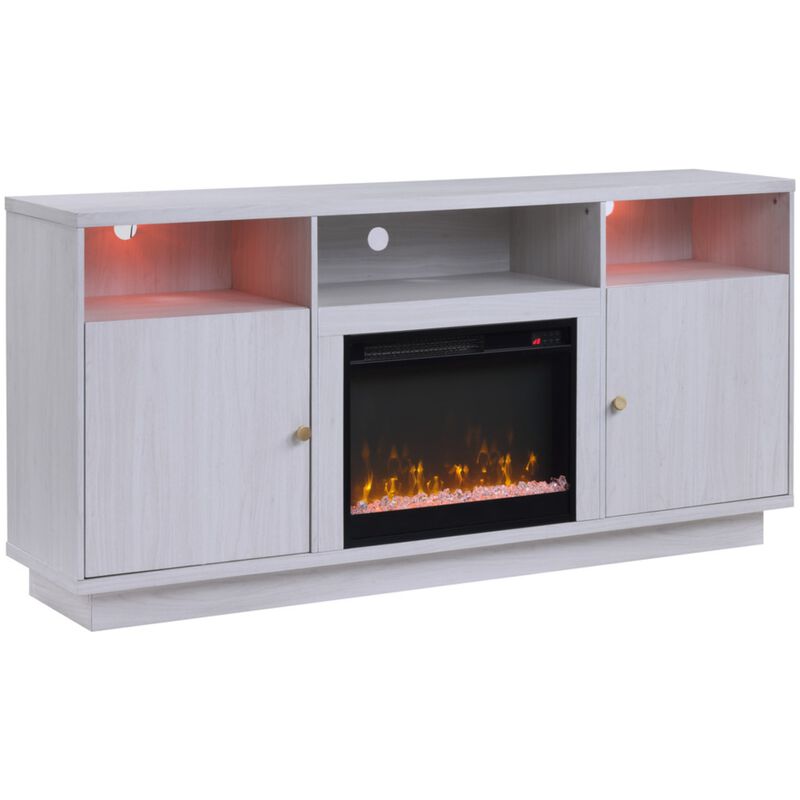 Lilola Ambrose 70"W White Walnut Finish Fireplace TV Stand Console with Heater, LED Light, Cabinets, Shelves, , hires