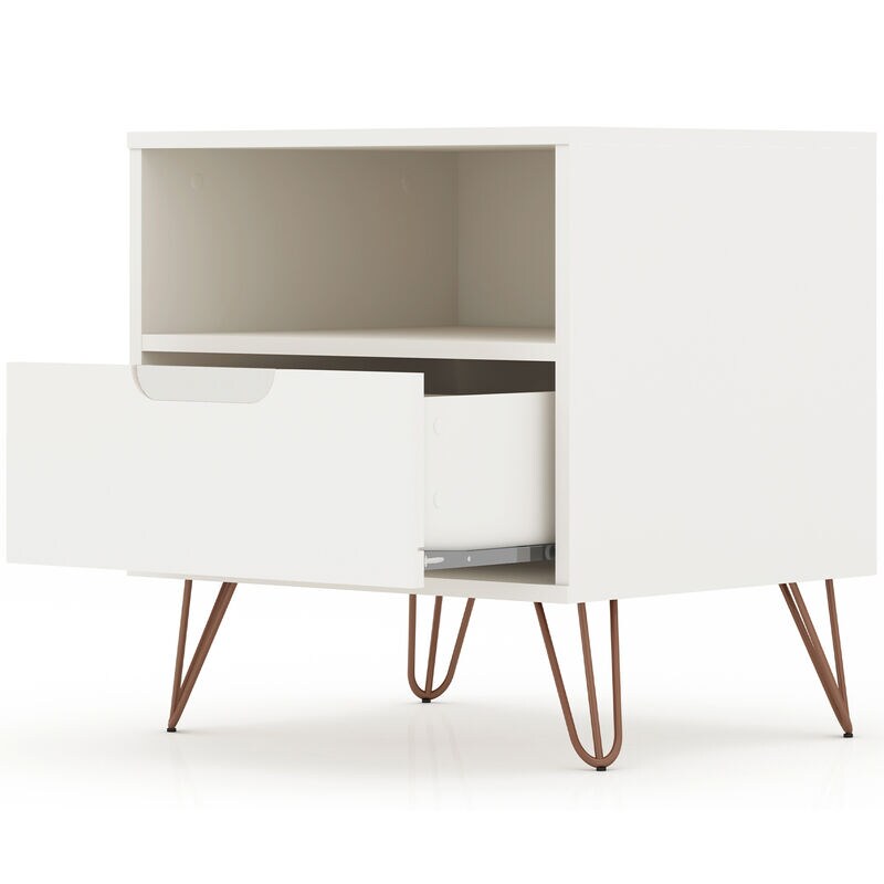 Manhattan Comfort Rockefeller Mid-Century Modern 1-Drawer Nightstand White, White, hires