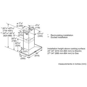 Bosch 300 Series 36 in. Convertible Chimney Style Range Hood with 300 CFM, 3 Fan Speeds & 2 LED Lights - Stainless Steel, , hires