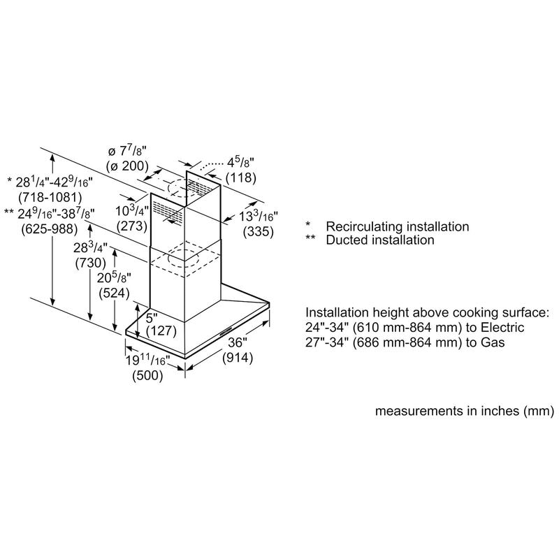 Bosch 300 Series 36 in. Convertible Chimney Style Range Hood with 300 CFM, 3 Fan Speeds & 2 LED Lights - Stainless Steel, , hires