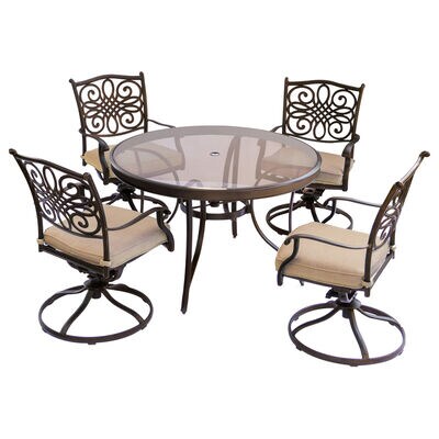 Hanover Traditions 5-Piece 48" Round Glass Top Dining Set with Swivel Rocker Chairs - Tan | TRADDN5PCSWG