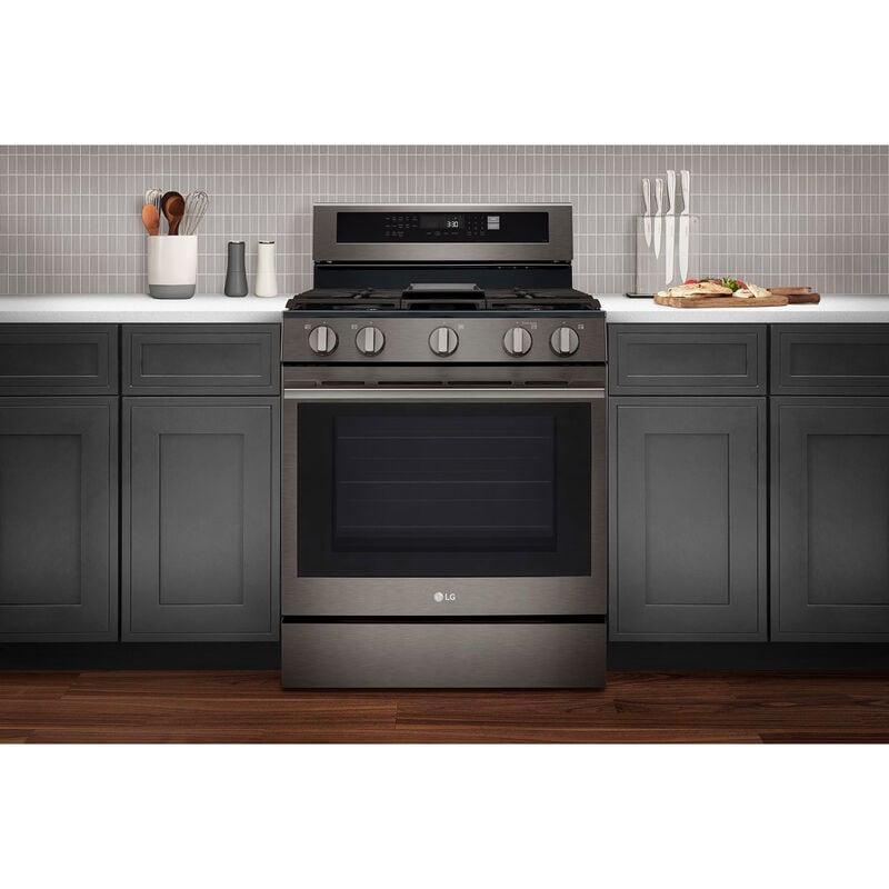 LG 30 in. 6.3 cu. ft. Smart Air-Fry True European Convection Gas Range with 5 Sealed Burners & Griddle - PrintProof Black Stainless Steel, , hires