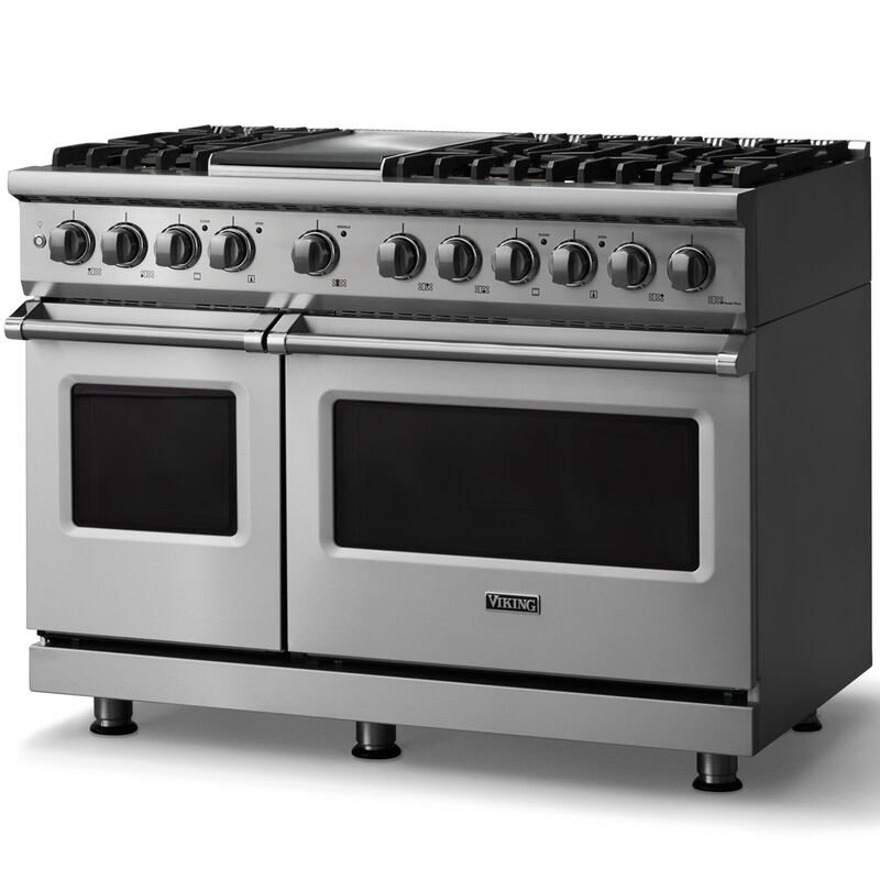 Viking 5 Series 48 in. 7.3 cu. ft. True European Convection Double Oven Dual Fuel Range with 6 Sealed Burners & Griddle - Stainless Steel, , hires