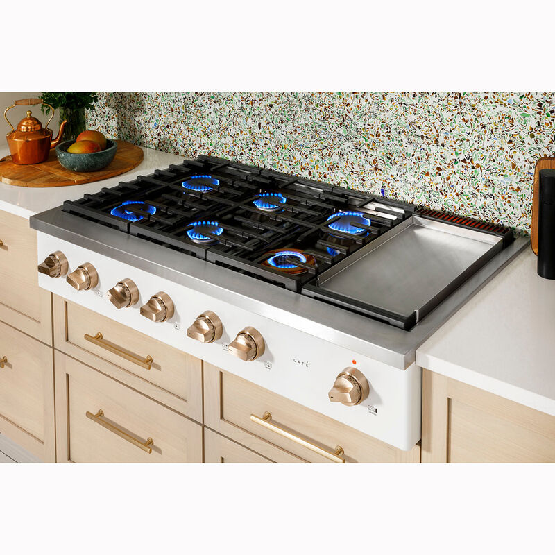 Cafe Commercial-Style 48 in. 6-Burner Natural Gas Rangetop with Simmer & Power Burners - Matte White, Matte White, hires