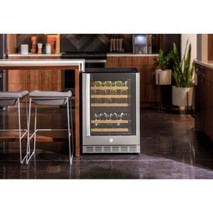GE 24 in. Undercounter Wine Cooler with Wood Racks, Dual Temperature Zones & 44 Bottle Capacity - Stainless Steel, , hires