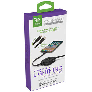 Retrak USB-C to lightning 3ft Retractable Cable - Black, , hires