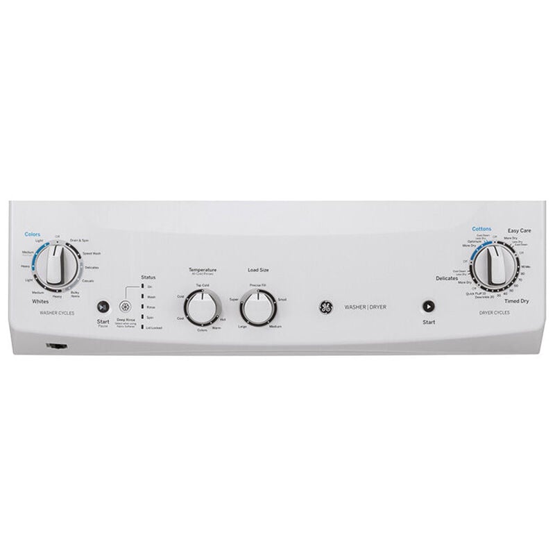 GE 27 in. Laundry Center with 3.8 cu. ft. Washer with 11 Wash Programs & 5.9 cu. ft. Electric Dryer with 4 Dryer Programs, Sensor Dry & Wrinkle Care - White, , hires