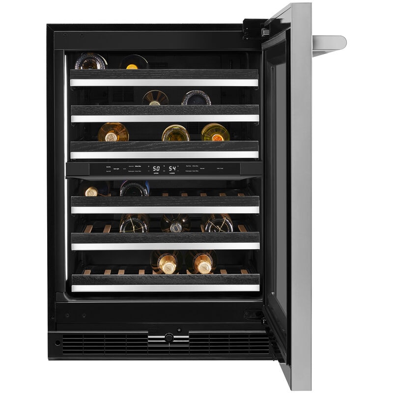 JennAir Rise 24 in. Undercounter Wine Cooler with Wood Racks, Dual Temperature Zones & 45 Bottle Capacity - Stainless Steel, , hires