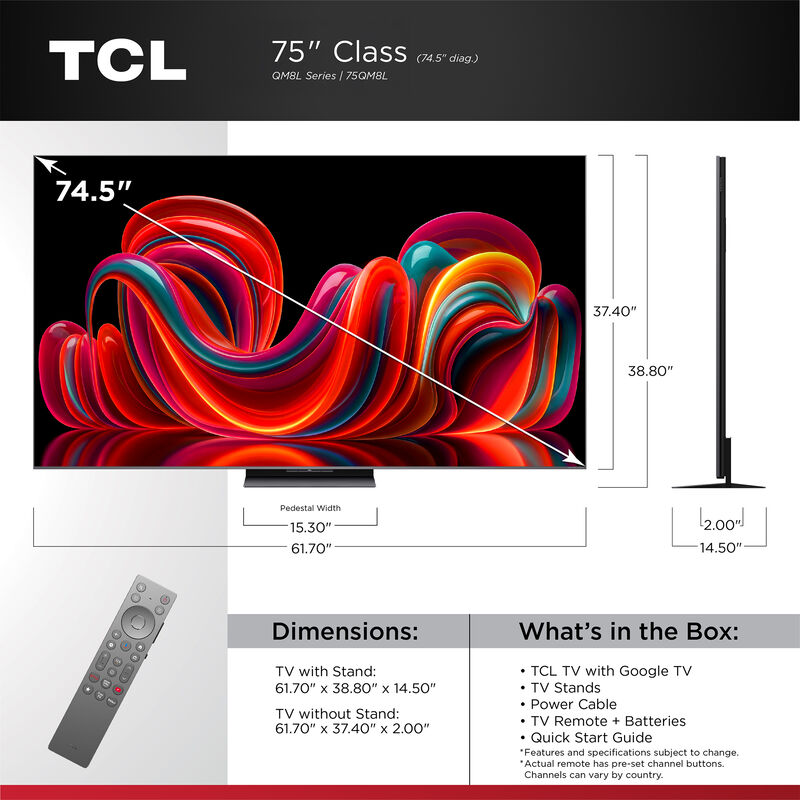 TCL - 75" Class QM8L QLED Mini-LED 4K UHD Smart Google TV, , hires