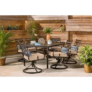 Hanover Montclair 7-Piece Dining Set with 6 Swivel Rockers - Tan/Brown, , hires