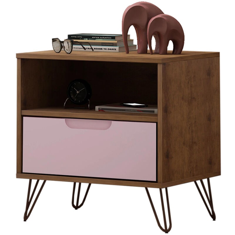 Manhattan Comfort Rockefeller Mid-Century Modern 1-Drawer Nightstand Rose Pink, Pink, hires