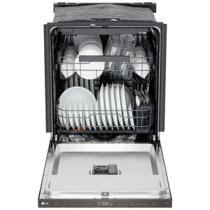 LG 24 in. Top Control Flush-Mount Smart Dishwasher with 46 dBA Sound Level, 3rd-Rack, AutoVent Dry & Pocket Handle - Black Stainless Steel, , hires