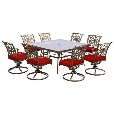 Hanover Traditions 9-Piece Dining Set in Red with a 60 In. Square Glass-Top Dining Table | TRAD9PSWSQGR