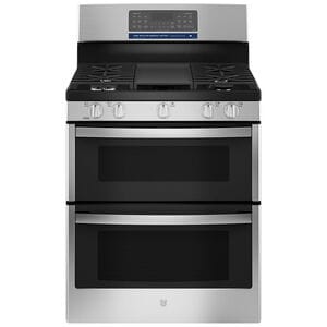 GE 30 in. 6.8 cu. ft. Air Fry True European Convection Double Oven Gas Range with 5 Sealed Burners & Griddle - Stainless Steel, Stainless Steel, hires