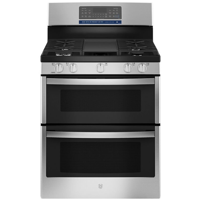 GE 30 in. 6.8 cu. ft. Air Fry True European Convection Double Oven Gas Range with 5 Sealed Burners & Griddle - Stainless Steel, Stainless Steel, hires