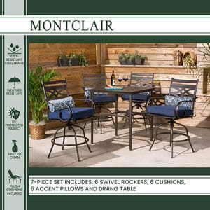 Montclair 7-Piece Dining Set in Navy Blue with 6 Swivel Rockers and a 40" x 67" Dining Table, , hires