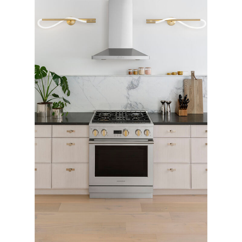 Monogram 30 in. Chimney Style Range Hood with 4 Speed Settings, 500 CFM, Convertible Venting & 2 Halogen Lights - Stainless Steel, , hires