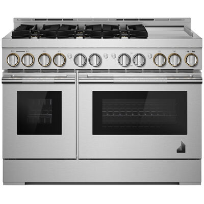 JennAir Rise Series 48 in. 4.1 cu. ft. Smart Convection Double Oven Freestanding Gas Range with 6 Sealed Burners & Griddle - Stainless Steel | JGRP548HL