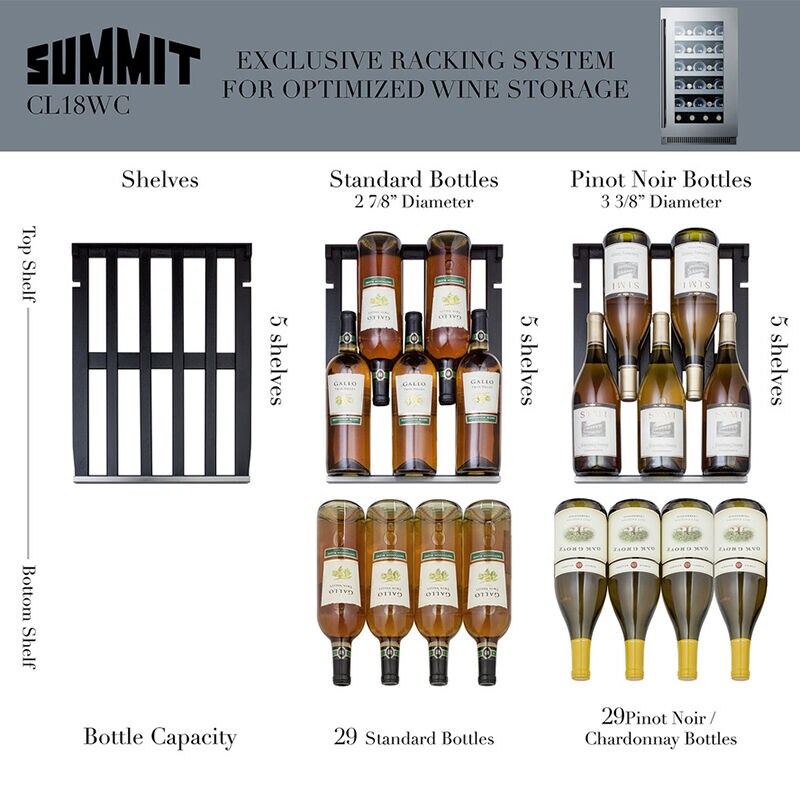 Summit Classic Collection 18 in. Undercounter Wine Cooler with Wood Racks, Single Temperature Zone & 29 Bottle Capacity - Stainless Steel, , hires