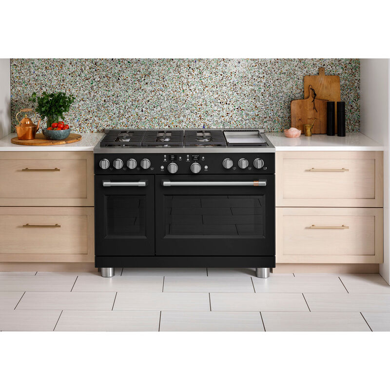 Cafe 48 in. 8.3 cu. ft. Smart Air Fry Convection Double Oven Freestanding Dual Fuel Range with 6 Sealed Burners & Griddle - Matte Black, Matte Black, hires