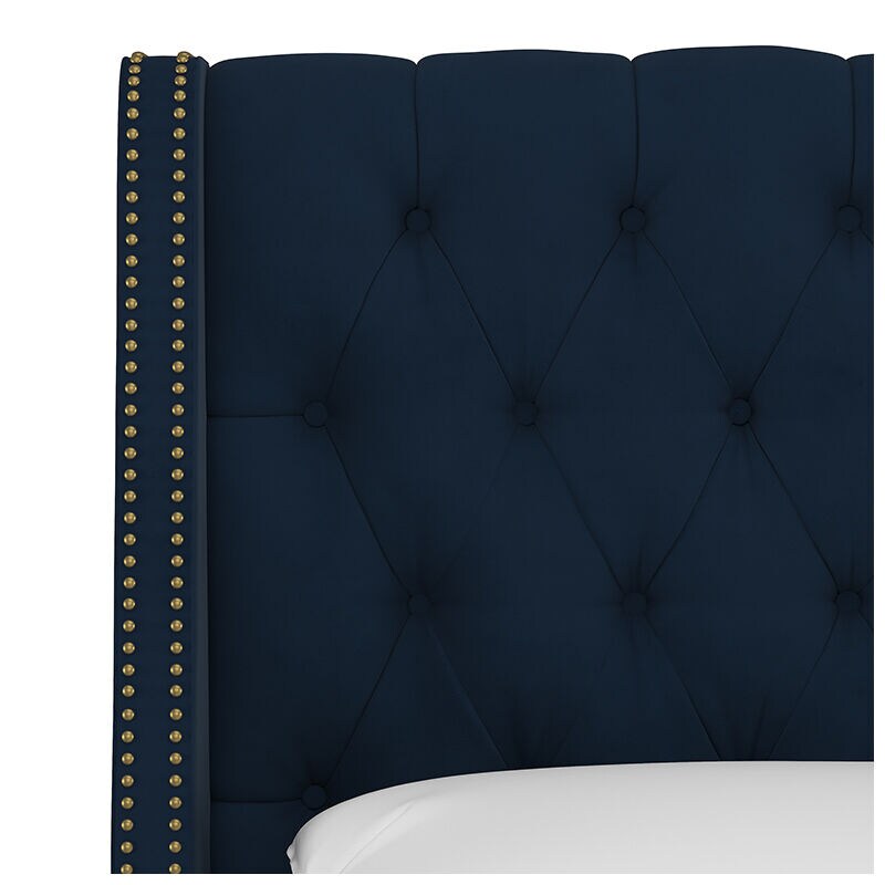 Skyline Queen Nail Button Tufted Wingback Bed in Velvet - Ink, Blue, hires