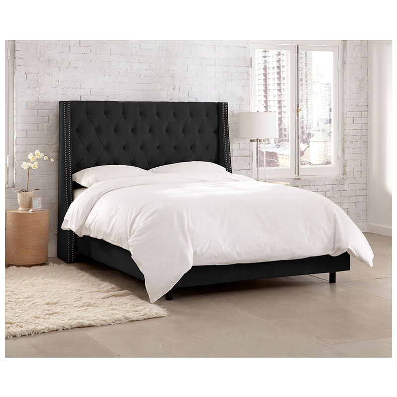 Skyline California King Nail Button Tufted Wingback Bed in Velvet - Black, Black, hires