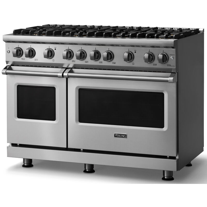 Viking 5 Series 48 in. 6.1 cu. ft. Standard Convection Double Oven Gas Range with 8 Sealed Burners - Stainless Steel - Natural Gas, Polished Chrome Trim Option, , hires