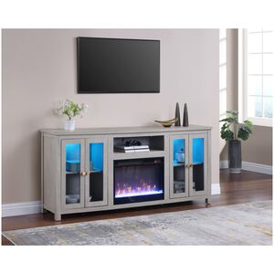 Lilola Ellington 70"W Light Gray Finish Fireplace TV Stand Console with Heater, LED Light, Cabinets, Shelves, , hires
