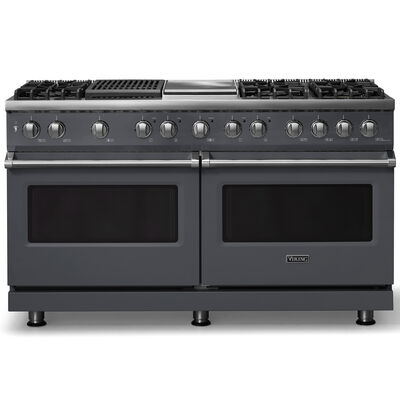 Viking 5 Series 60 in. 9.4 cu. ft. True European Convection Double Oven Dual Fuel Range with 6 Sealed Burners, Grill & Griddle - Cast Black - Natural Gas, Polished Chrome Trim Option | VDR56046GQCS