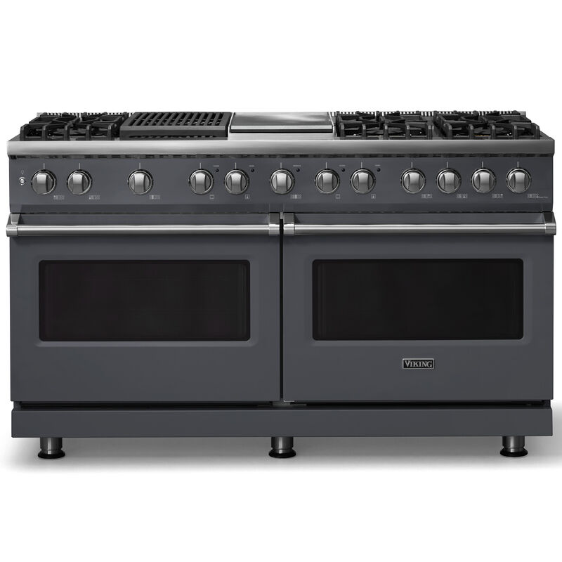 Viking 5 Series 60 in. 9.4 cu. ft. True European Convection Double Oven Dual Fuel Range with 6 Sealed Burners, Grill & Griddle - Cast Black - Natural Gas, Polished Chrome Trim Option, , hires