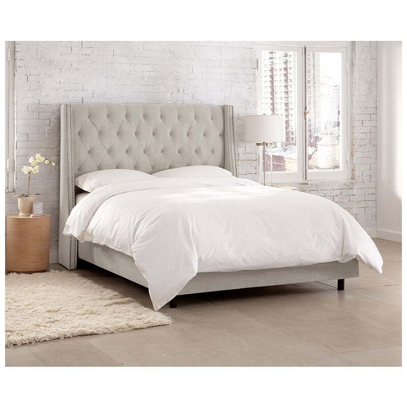 Skyline King Nail Button Tufted Wingback Bed in Velvet Light