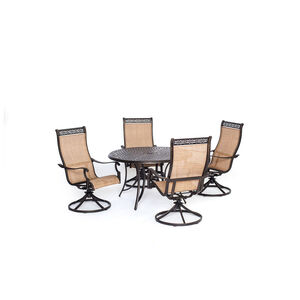Hanover Manor 5-Piece 48" Round Cast Top Dining Set with Swivel Rocker Sling Chairs - Tan, , hires
