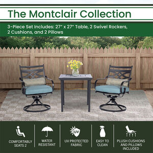 Hanover Montclair 3-Piece Bistro Dining Set in Ocean Blue with 2 Swivel Rockers and a 27-In.Square Table - Ocean Blue/Brown, , hires