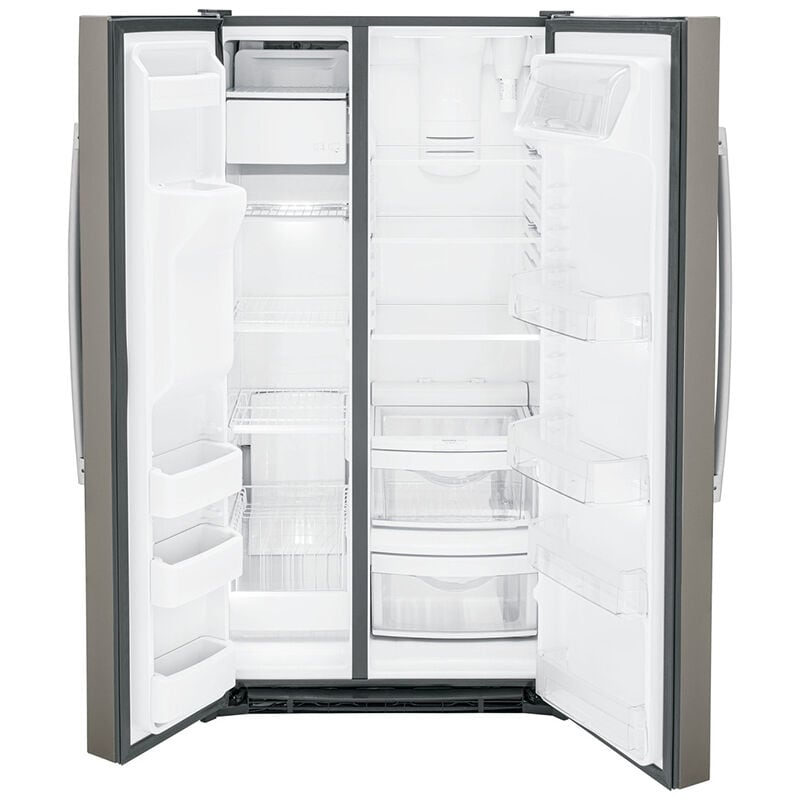 GE 36 in. 25.3 cu. ft. Side-by-Side Refrigerator with External Ice & Water Dispenser - Slate, Slate, hires