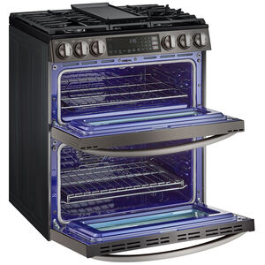 LG InstaView 30 in. 6.9 cu. ft. Smart Air Fry True European Convection Double Oven Slide-In Gas Range with 5 Sealed Burners & Griddle - PrintProof Black Stainless Steel, PrintProof Black Stainless Steel, hires