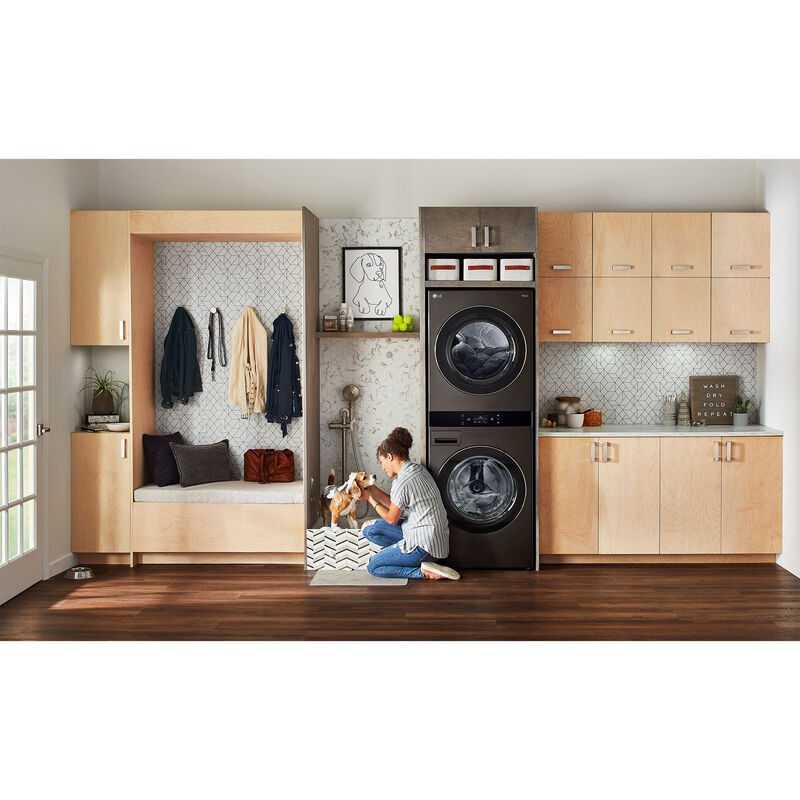 LG 27 in. 5.0 cu. ft. Smart Electric Front Load WashTower with AI Sensor Dry, TurboSteam, Allergiene Cycle, ezDispense, AI DD 2.0 Advanced Washing, Sensor Dry, Sanitize & Steam Cycle - Black Steel, , hires