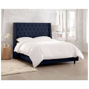 Skyline Queen Nail Button Tufted Wingback Bed in Velvet - Ink, Blue, hires