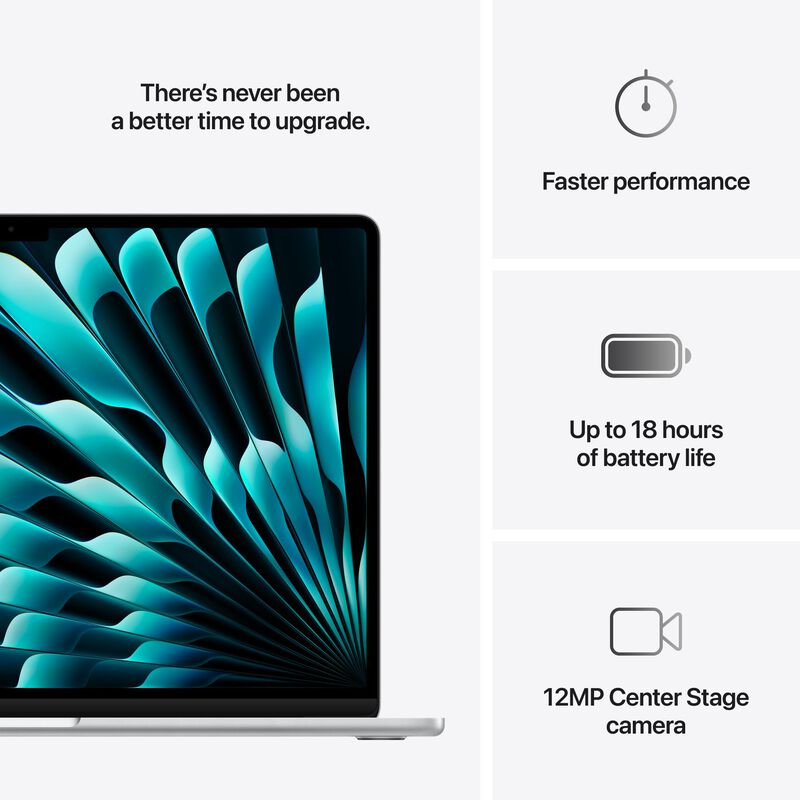 Apple MacBook Air (2025) 15.3 in. Notebook with Apple Intelligence, Apple M4 10-Core CPU, 10-Core GPU, 24 GB RAM, 512 GB SSD, up to 18 Hrs. of Battery Life & Mac OS - Silver, , hires