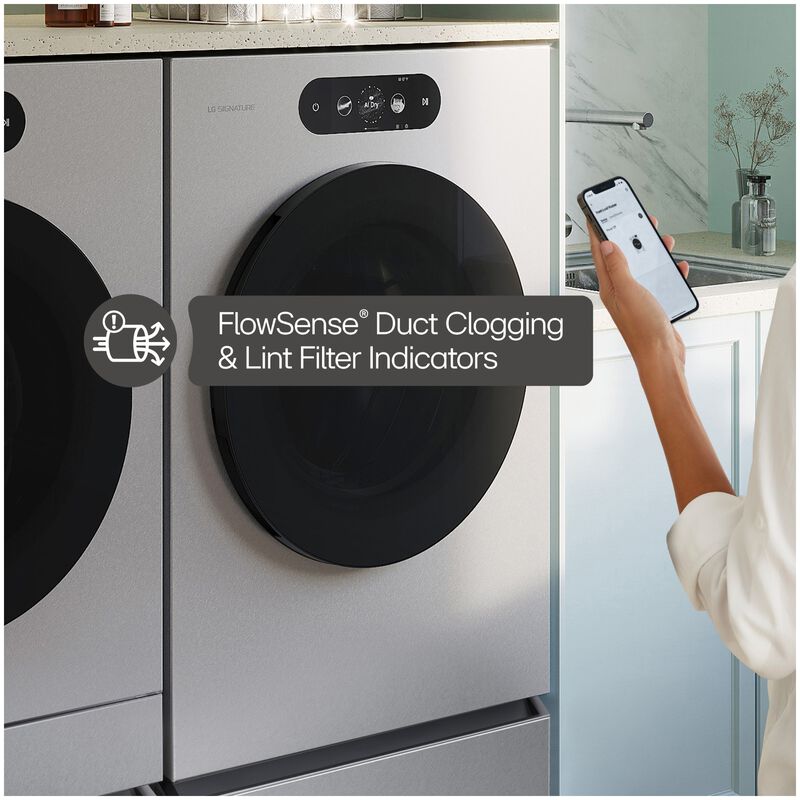 LG SIGNATURE 29 in. 9.0 cu. ft. Smart Stackable Gas Dryer with Built-In Intelligence, TurboSteam, AI Sensor Dry & Sanitize Cycle - Brushed Platinum Steel, , hires